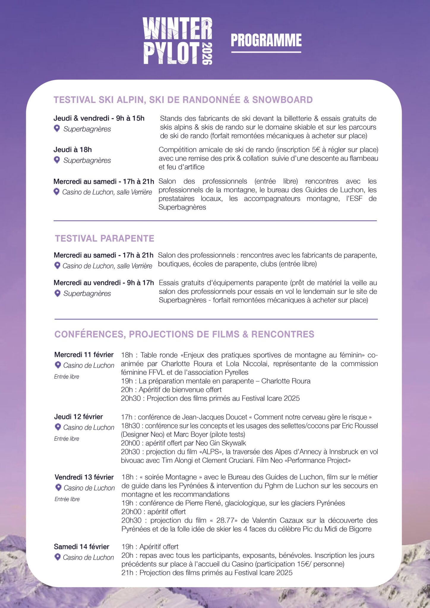 programme de l'événement Winter Pylot 2026